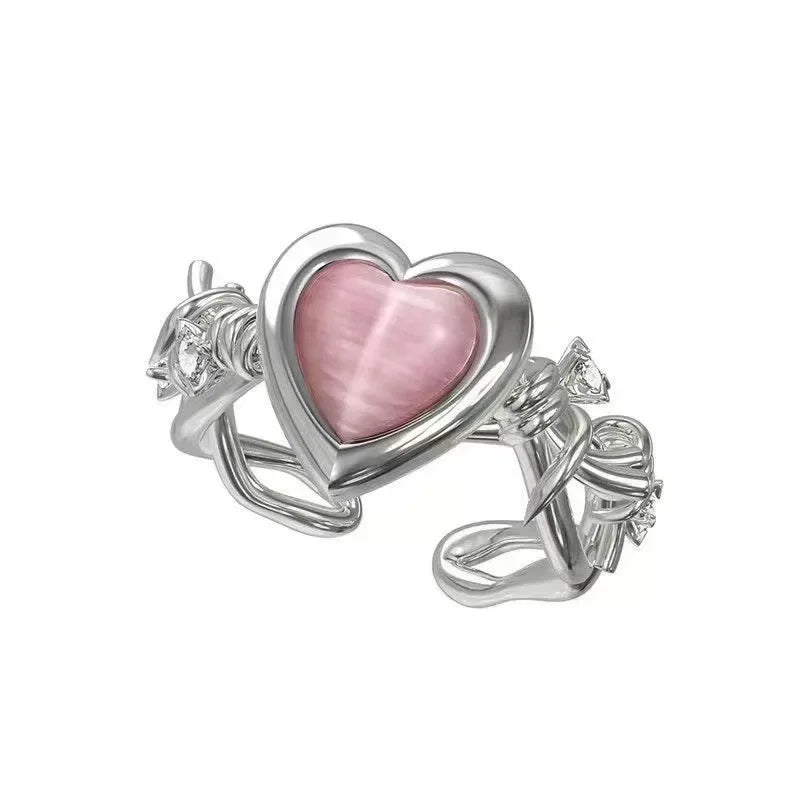 PINK HEART SILVER RING