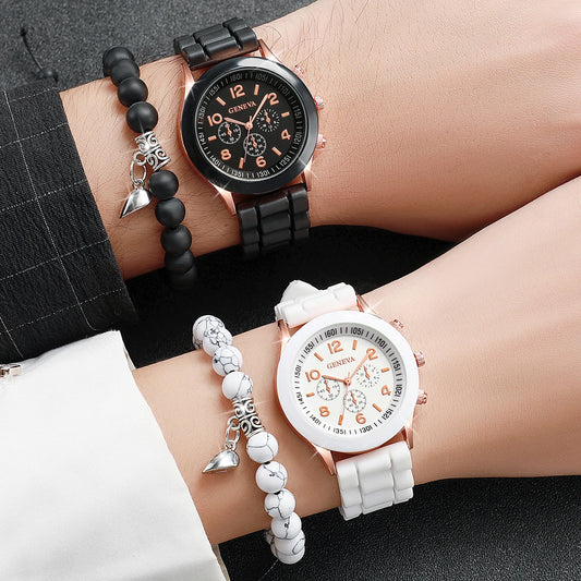 4PCS Couple Watch & Bracelet Set – Fashion Arabic Quartz Watches for Women & Men, Heart-Shaped Magnetic Silicone Band Wristwatches