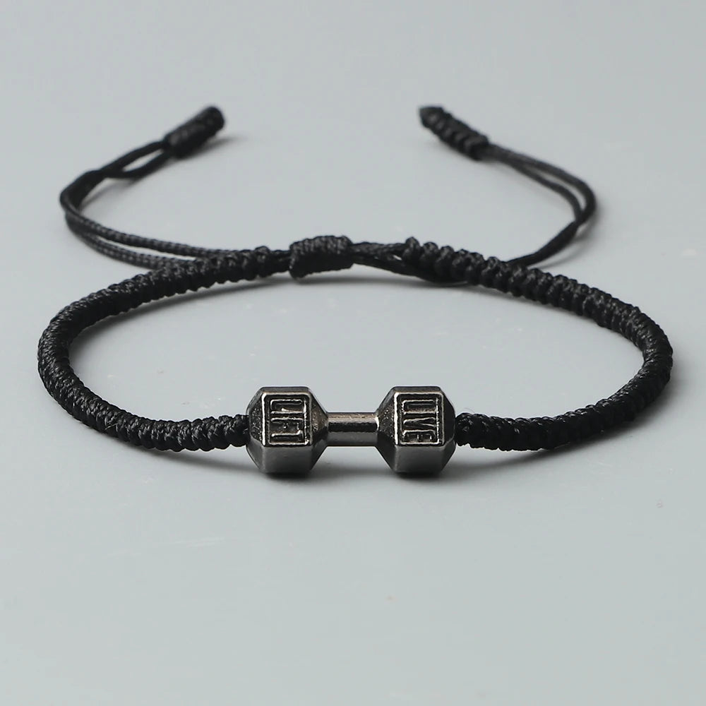 Handmade Dumbbell Charm Bracelets for Men & Women – Adjustable Braided Fitness Energy Barbell Jewelry, Couple Matching Gift