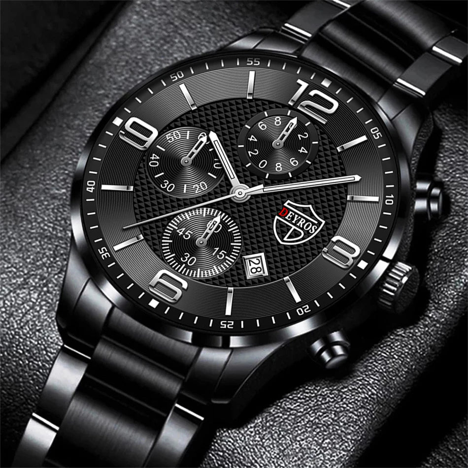 Luxury Men’s Quartz Watch – Stainless Steel Business Wristwatch with Leather Strap, Luminous Dial & Calendar – Elegant Relogio Masculino