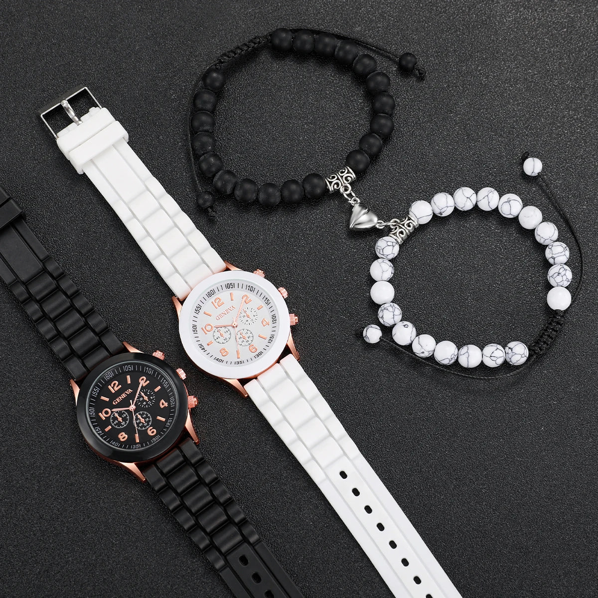4PCS Couple Watch & Bracelet Set – Fashion Arabic Quartz Watches for Women & Men, Heart-Shaped Magnetic Silicone Band Wristwatches