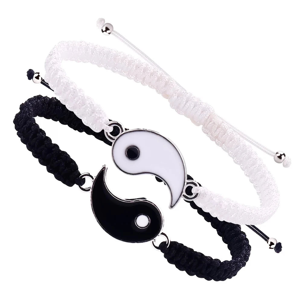 Yin Yang Couple Bracelets – Black & White Tai Chi Bagua Rope Braided Adjustable Set for Men & Women