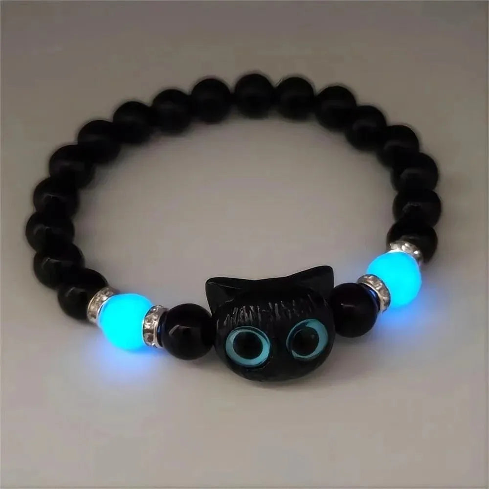 Glow in the Dark Cat Couple Bracelets – Matching Black & White Bangles for Men & Women, Cute Friendship & Love Gift