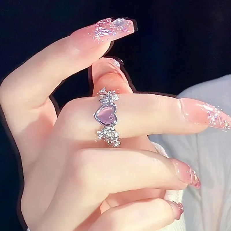 PINK HEART SILVER RING