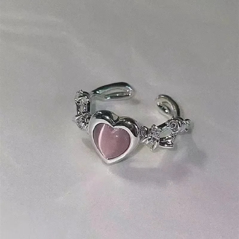 PINK HEART SILVER RING