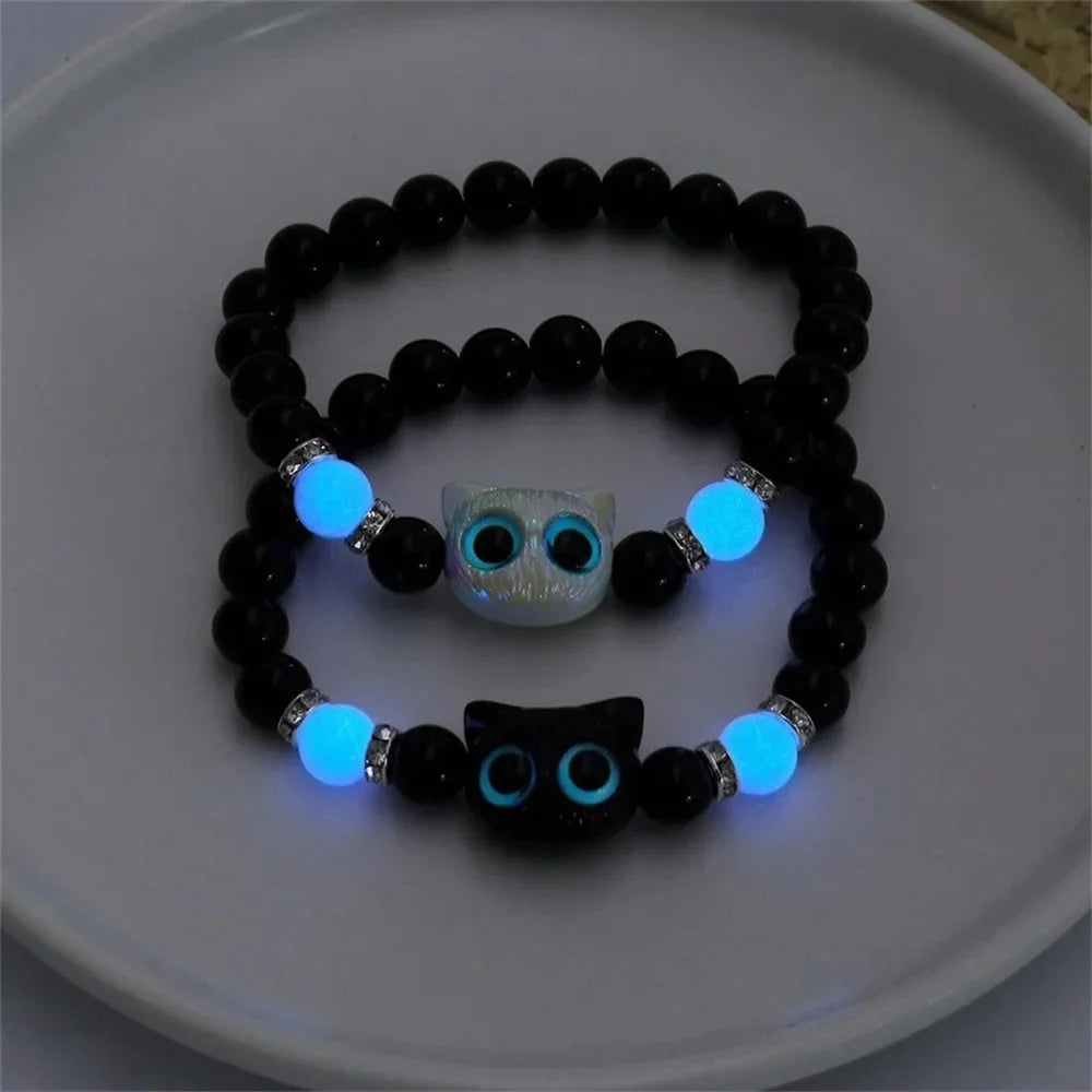 Glow in the Dark Cat Couple Bracelets – Matching Black & White Bangles for Men & Women, Cute Friendship & Love Gift