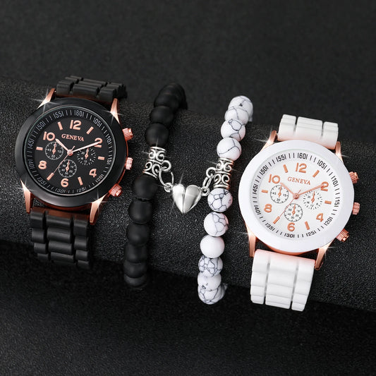 4PCS Couple Watch & Bracelet Set – Fashion Arabic Quartz Watches for Women & Men, Heart-Shaped Magnetic Silicone Band Wristwatches