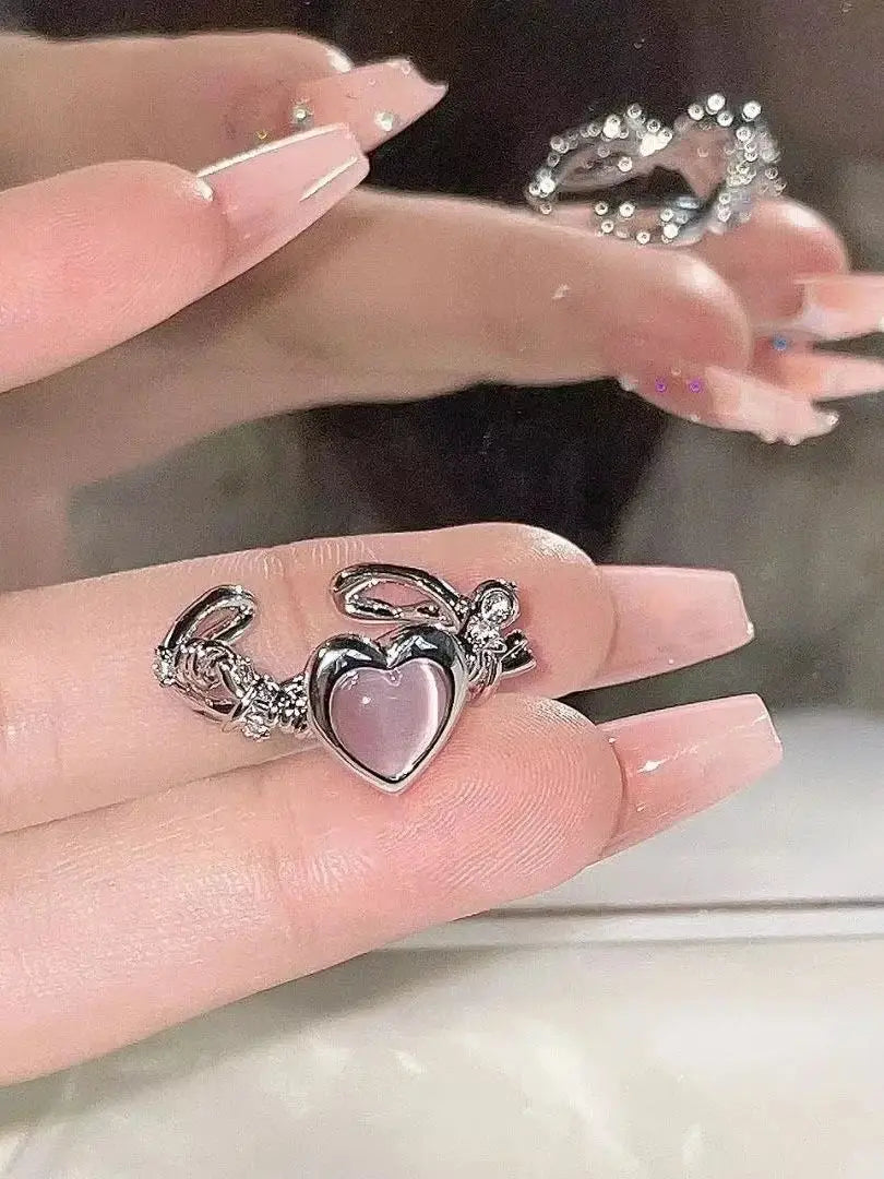 PINK HEART SILVER RING