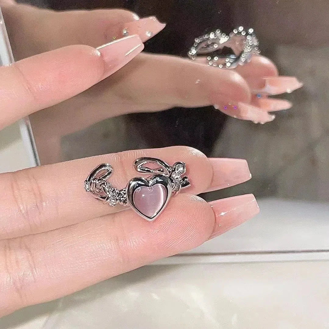 PINK HEART SILVER RING