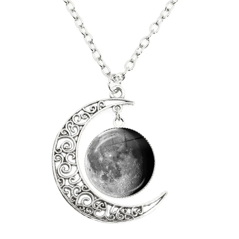 Phase Of The Moon Necklace Handmade Glass Dome Full Moon Lunar Eclipse Necklace for ladies