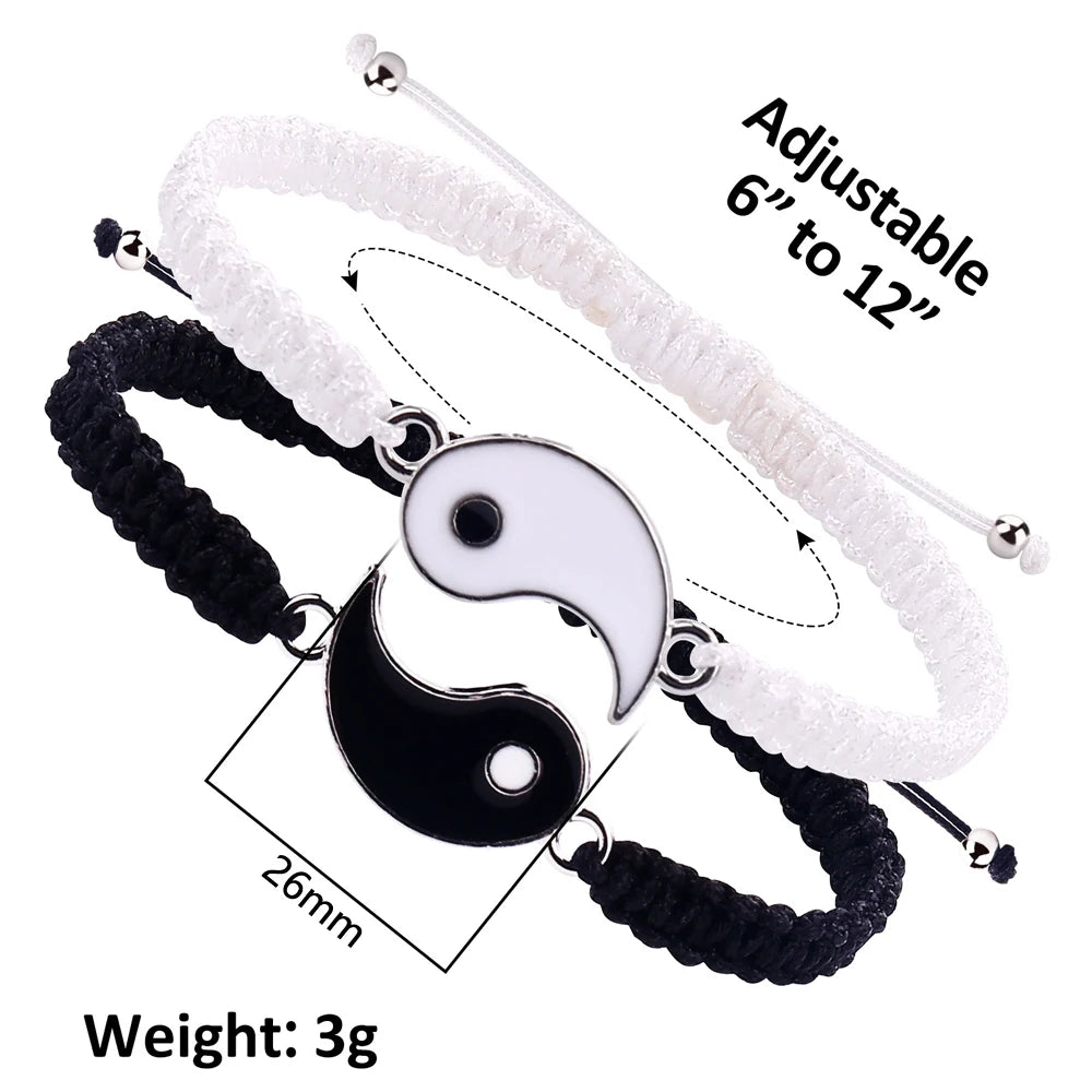 Yin Yang Couple Bracelets – Black & White Tai Chi Bagua Rope Braided Adjustable Set for Men & Women