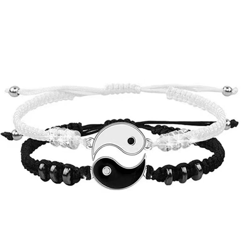 Yin Yang Couple Bracelets – Black & White Tai Chi Bagua Rope Braided Adjustable Set for Men & Women
