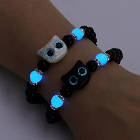 Glow in the Dark Cat Couple Bracelets – Matching Black & White Bangles for Men & Women, Cute Friendship & Love Gift